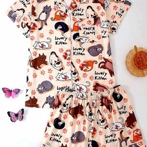 Lovely Kitten Cream Pajama Set - Cute Cat Print